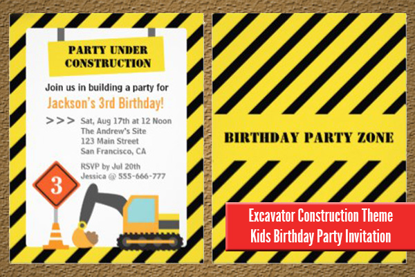 Orange Excavator Construction Theme Kids Birthday Party Invitation